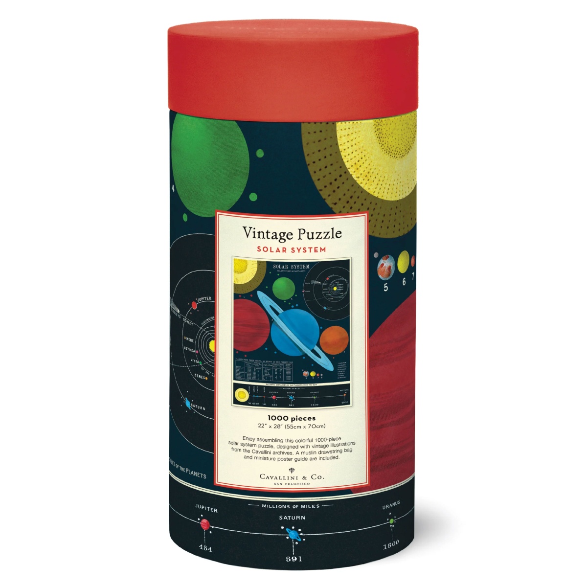 Caixa cilíndrica de puzzle Vintage Puzzle Solar System com ilustrações do sistema solar