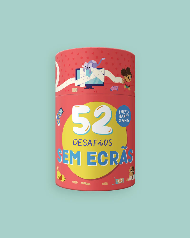 Embala de cartão vermelha com texto e ilustrações coloridas