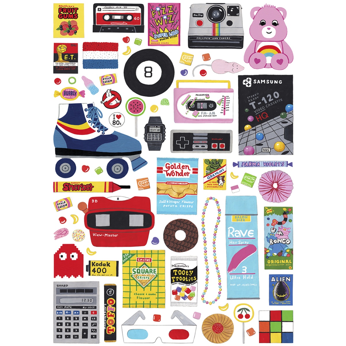 Ilustração colorida de objetos retro dos anos 80, patins, câmaras, snacks, doces, calculadora e acessórios