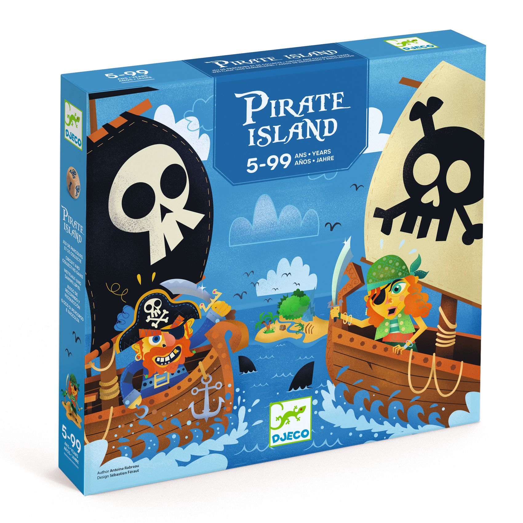 Caixa de jogo de tabuleiro Pirate Island com ilustração de piratas e logo DJECO