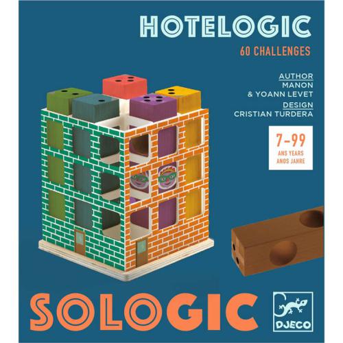 Jogo de lógica SOLLOGIC com peças de madeira coloridas e padrão de tijolos