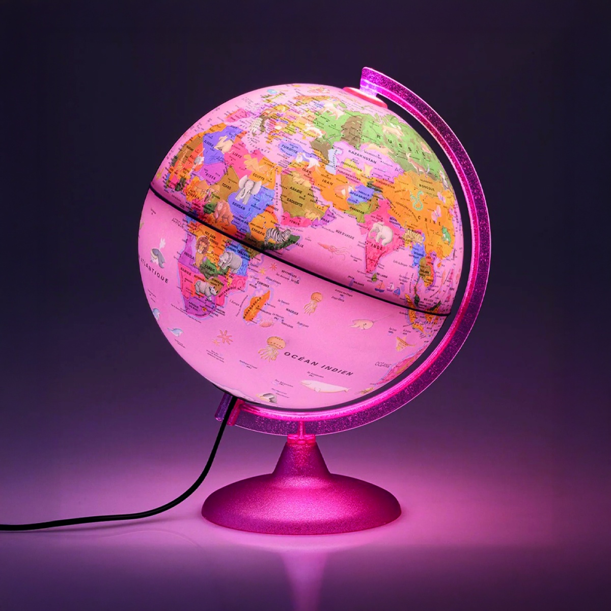 Globo terrestre iluminado com base cor-de-rosa