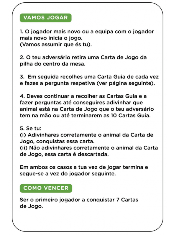 Instruções de jogo em português europeu para um jogo de cartas em página branca com borda preta