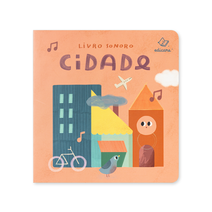 Capa de livro sonoro ilustrada com edifícios, bicicleta, pombo e avião, título Cidade