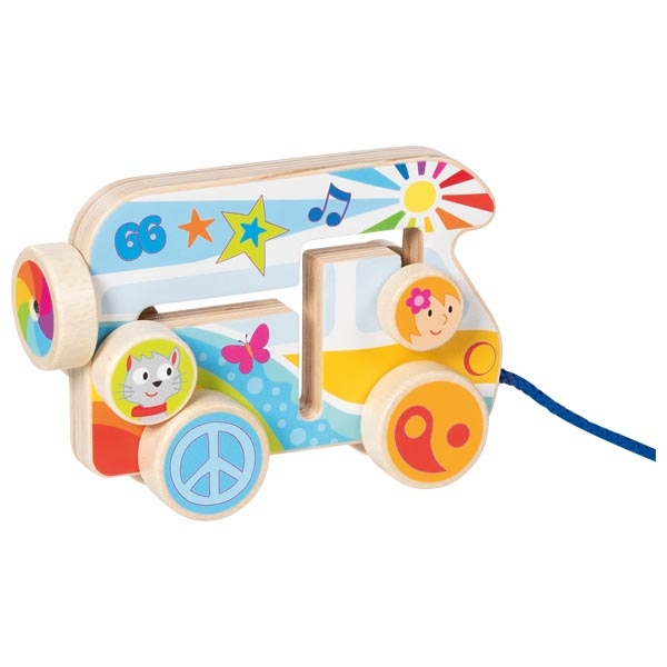 Brinquedo de madeira para puxar em forma de autocarro colorido com decorações diversas