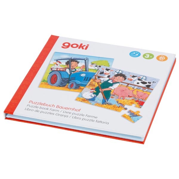 Livro de puzzles goki com imagens de quinta e trator