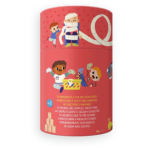 Embalagem vermelha cilíndrica com personagens animados e texto em português
