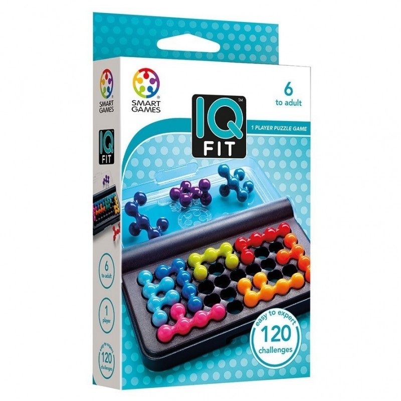 Caixa do jogo de puzzle IQ Fit com tabuleiro preto e peças coloridas