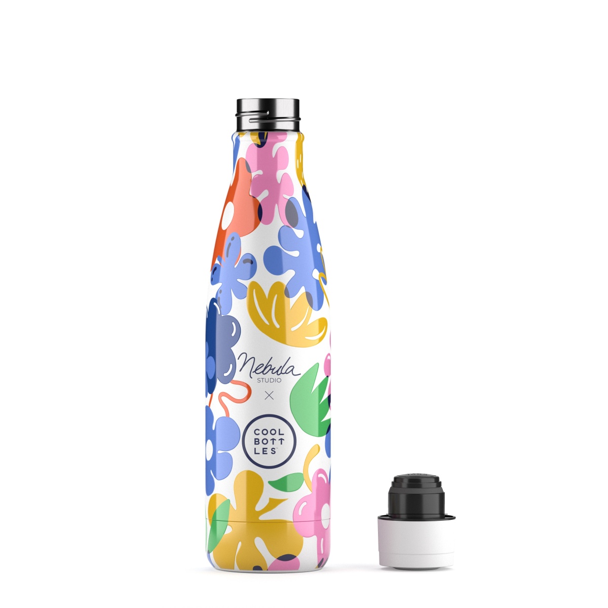 Garrafa térmica decorada com flores coloridas e texto Nebula STUDIO x COOL BOTTLES
