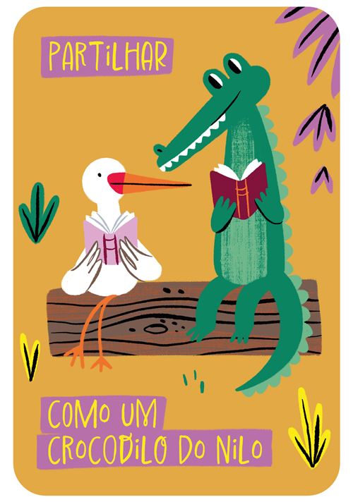 Ilustração de crocodilo e cegonha lendo livros com texto em português.