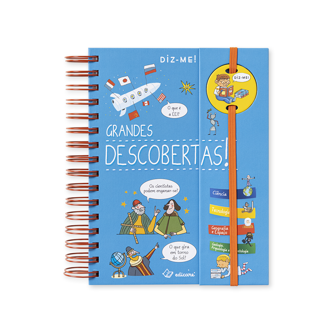 Caderno espiral azul com texto e ilustrações educacionais, faixa elástica laranja