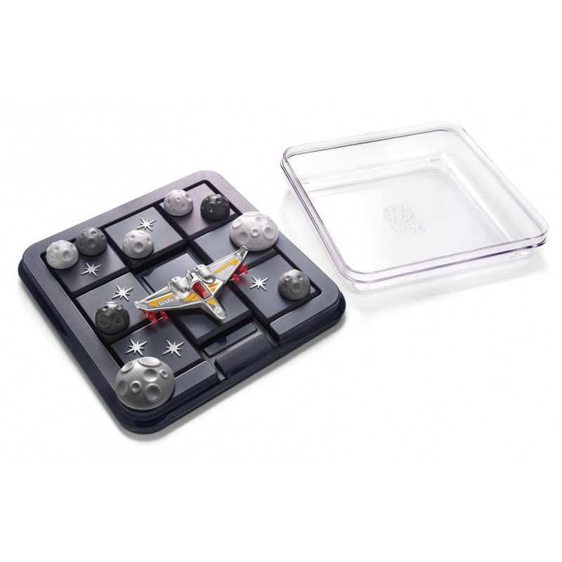 Jogo de tabuleiro com peças de asteroides, tabuleiro preto e avião espacial prateado