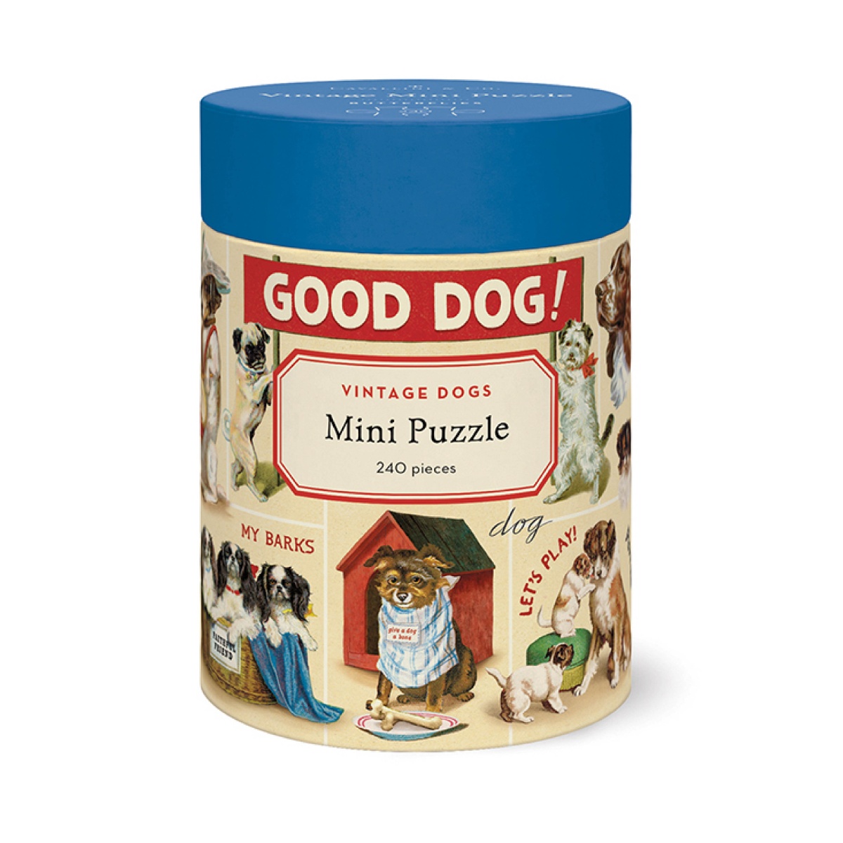 Mini puzzle vintage com tema cães, caixa cilíndrica colorida com tapa azul