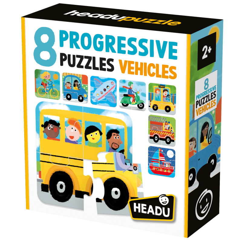 Caixa de puzzle infantil com 8 puzzles progressivos de veículos coloridos