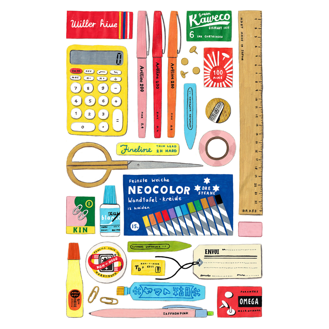 Vários artigos de papelaria e escritório organizados sobre fundo branco