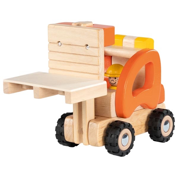 Brinquedo de empilhador em madeira com detalhes laranja e amarelo