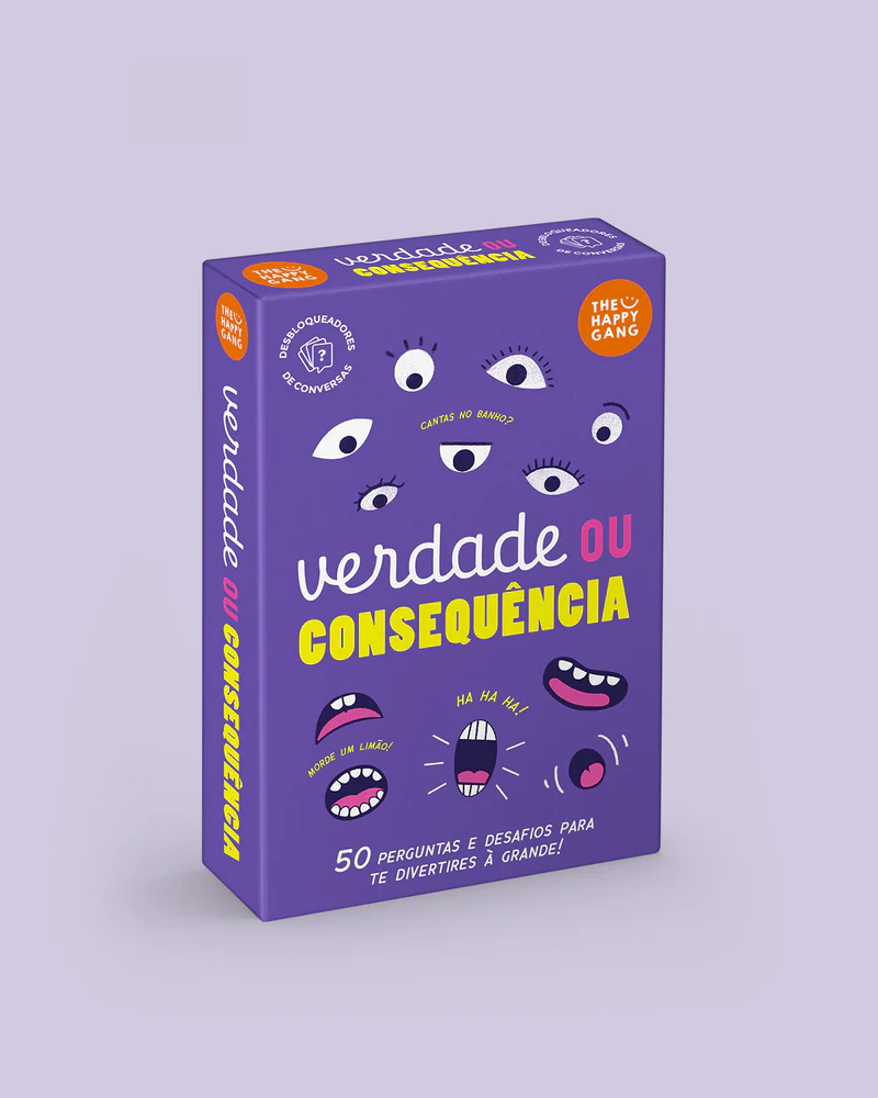Caixa de jogo de cartas Verdade ou Consequência com olhos e bocas desenhados