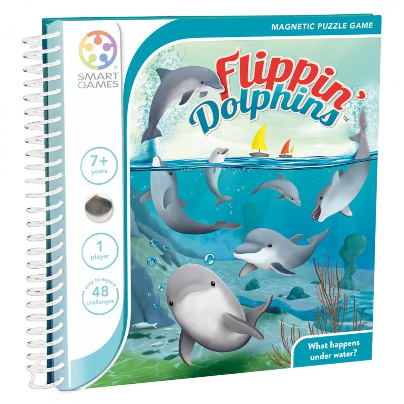Jogo de puzzle magnético Flippin' Dolphins com golfinhos e barco amarelo e vermelho na água.