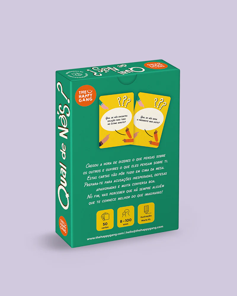 Caixa verde de jogo de cartas Qual de Nós? com texto e cartas ilustradas amarela