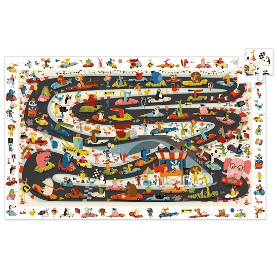 Puzzle de pista de corrida com animais coloridos e veículos