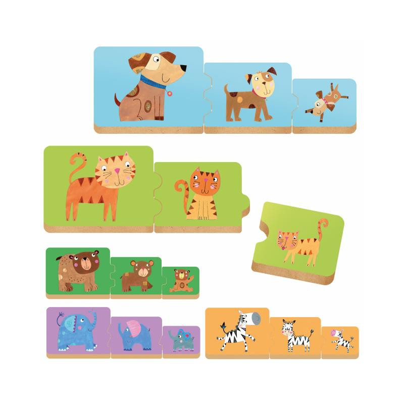 Peças de puzzle de madeira com desenhos de animais coloridos