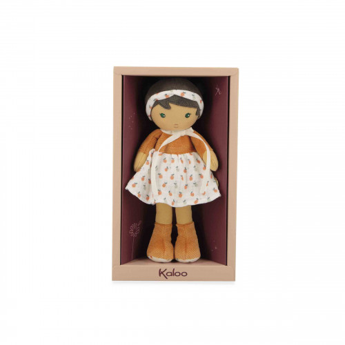 Boneca de peluche castanha com vestido branco de cenouras numa caixa Kaloo