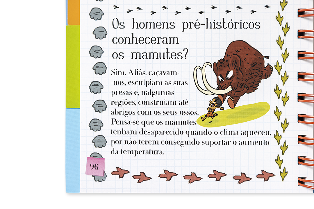 Página de livro infantil com ilustração de mamute castanho e texto em português europeu