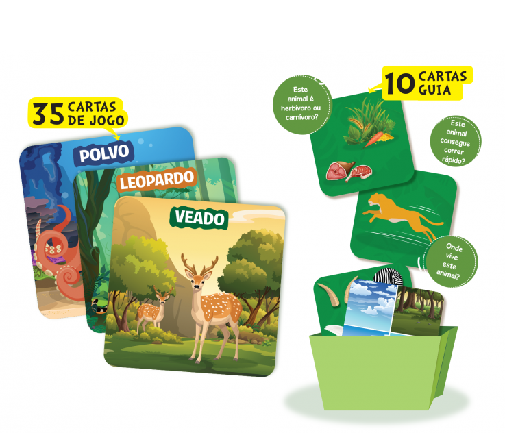 Cartas de jogo e cartas guia com imagens de animais e textos em português