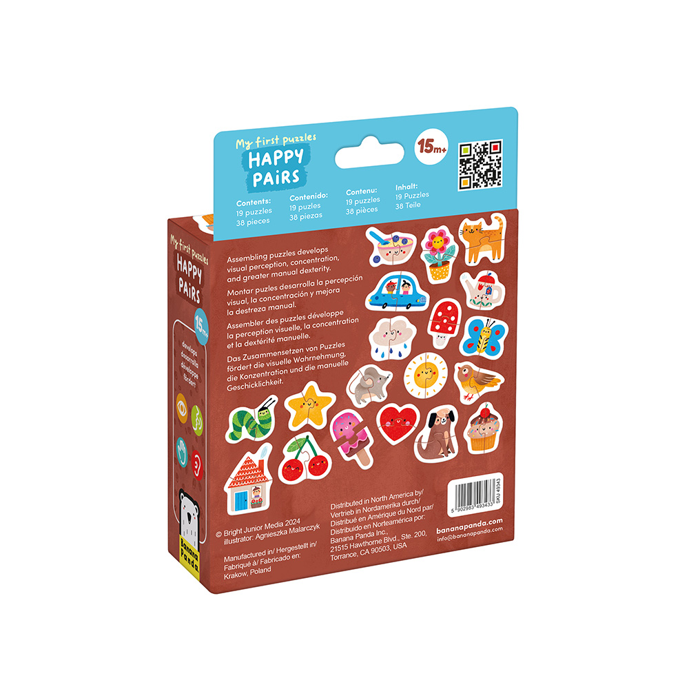 Caixa de jogo HAPPY PAIRS com peças coloridas e informações na embalagem