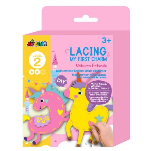 Caixa rosa do jogo artesanal Unicorn Friends para crianças com unicórnios de papel e adesivos