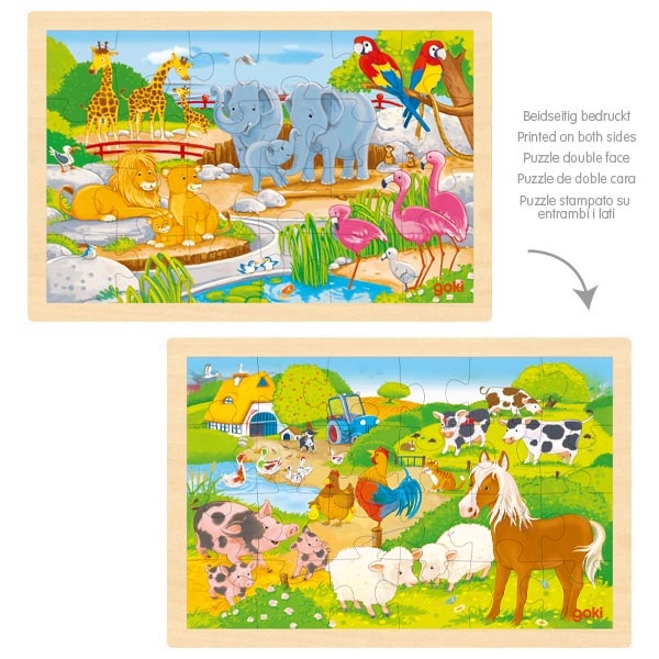 Puzzle de madeira dupla face com animais selvagens e animais de quinta coloridos