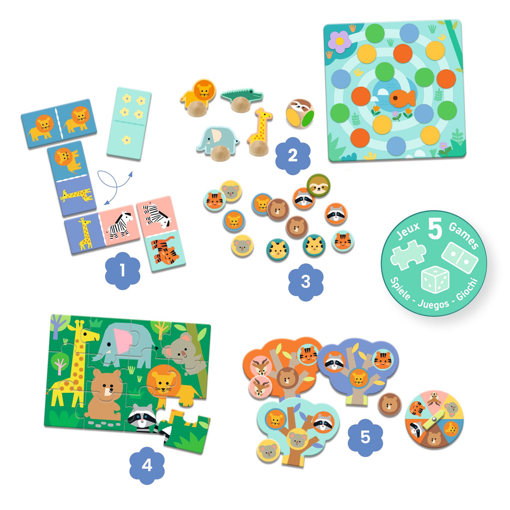 Jogo infantil com peças de dominó, animais de madeira, tabuleiro colorido e puzzles em fundo branco.