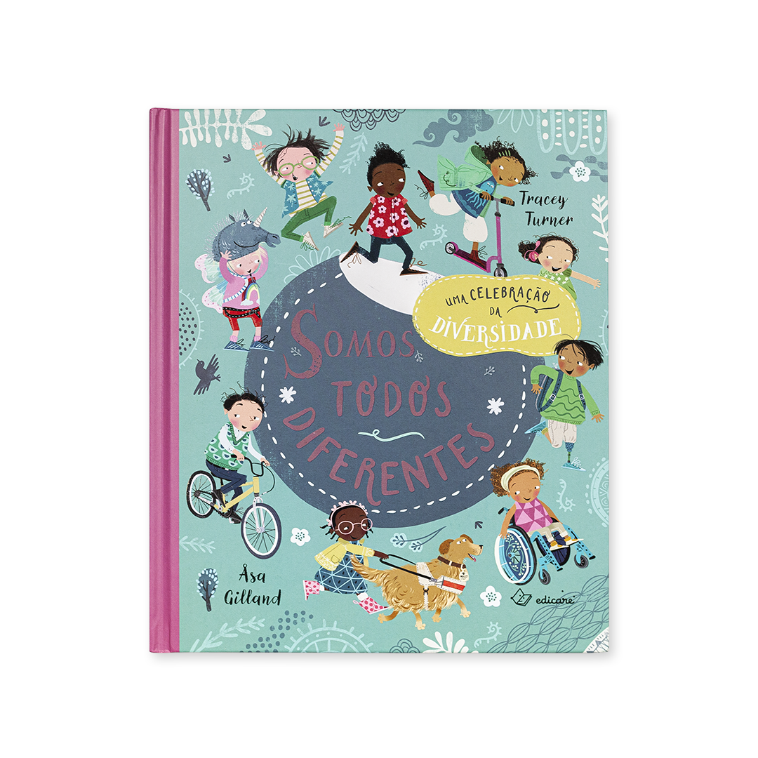 Livro SOMOS TODOS DIFERENTES com ilustrações de crianças diversas e capa dura roxa