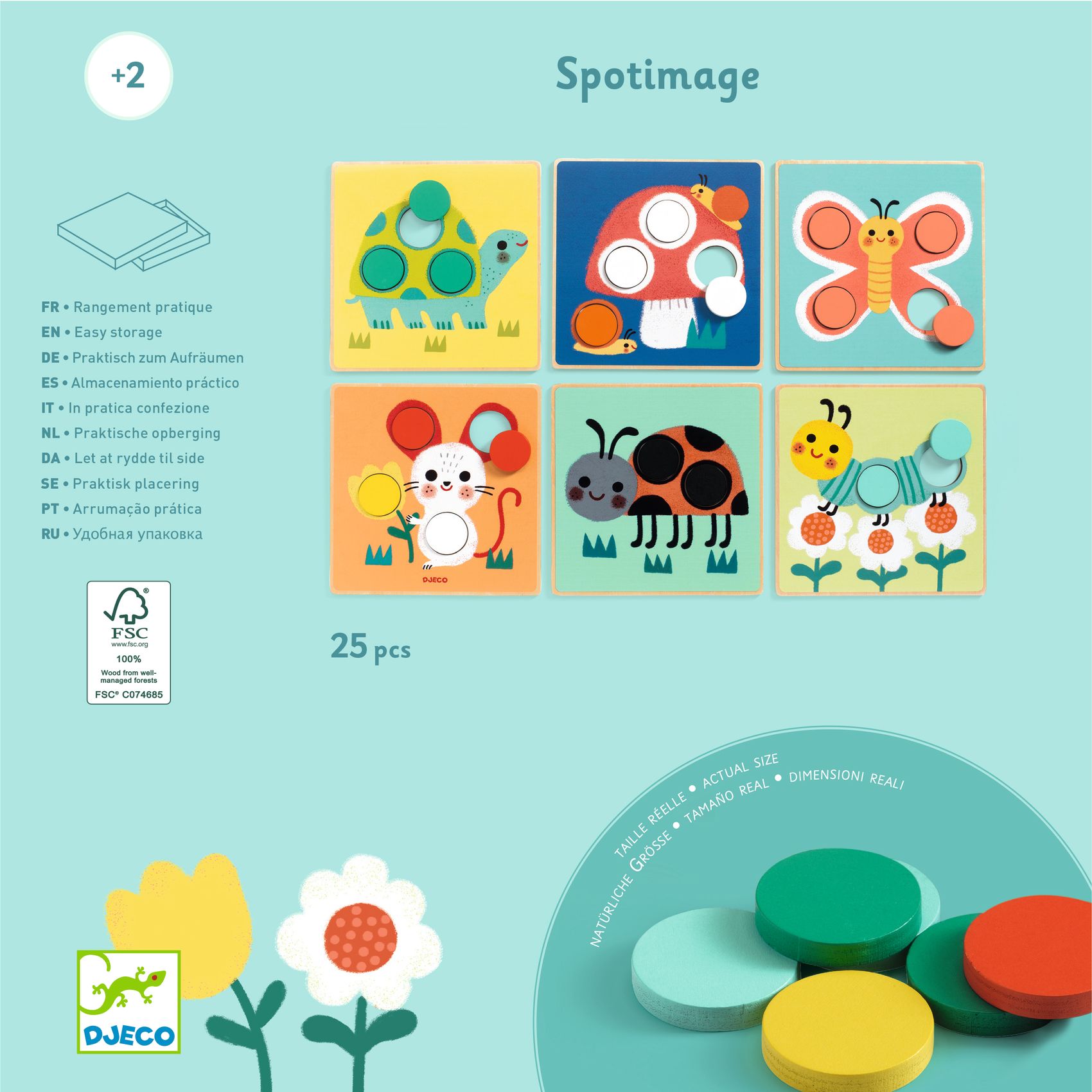 Jogo infantil de madeira com peças coloridas e tabuleiros ilustrados