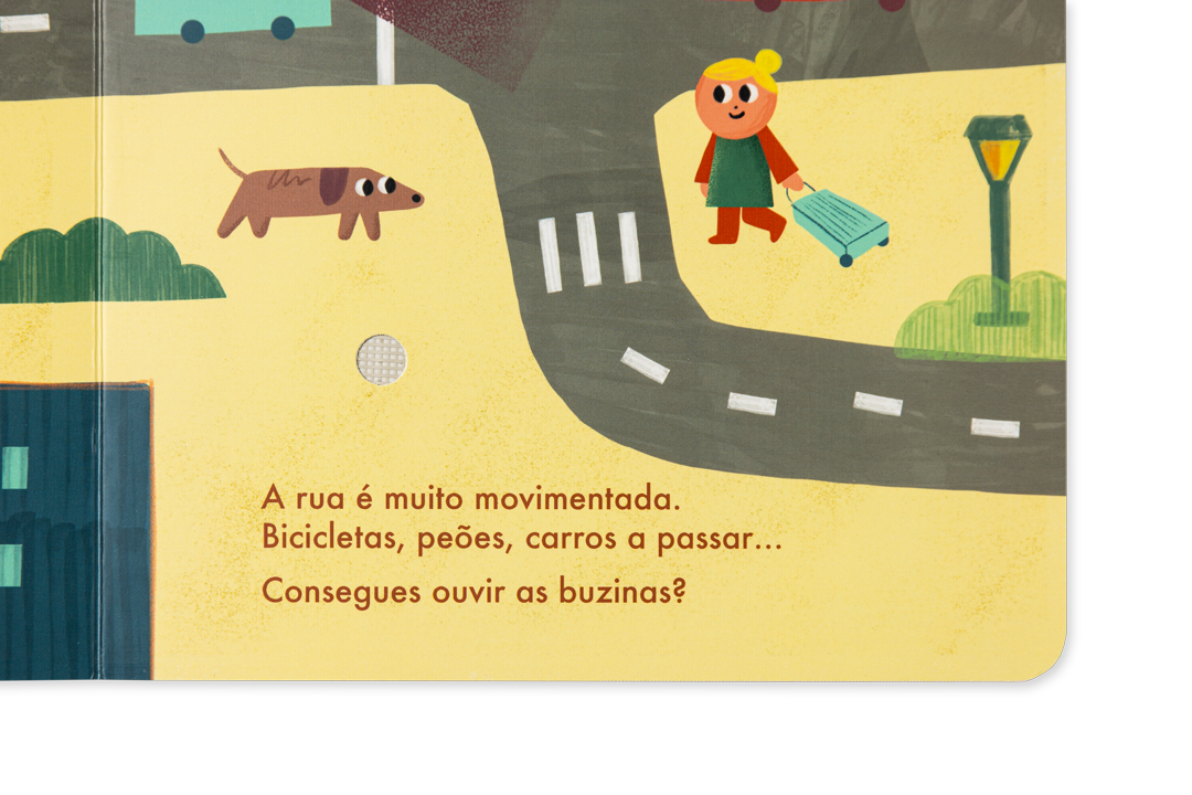 Desenho de rua movimentada com criança, cachorro, estrada e texto em português.