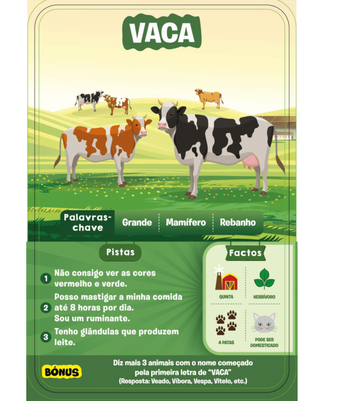 Ilustração de vacas num campo verde com texto em português sobre características da vaca.