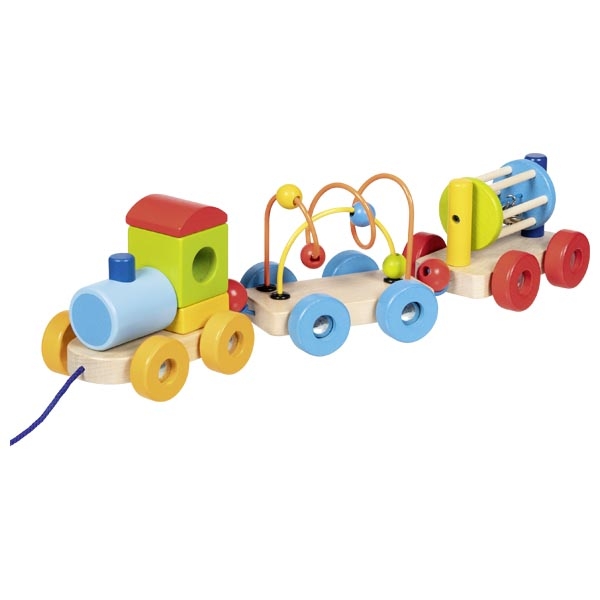 Brinquedo de comboio de madeira colorido com corda azul