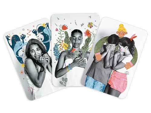 Cartas ilustradas com fotografias de pessoas e elementos artísticos coloridos