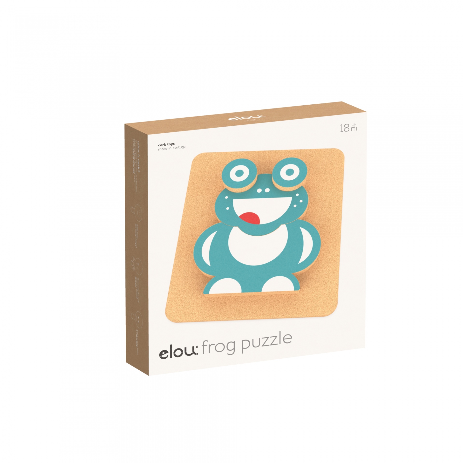 Embalagem branca e castanha de puzzle com desenho de rã azul
