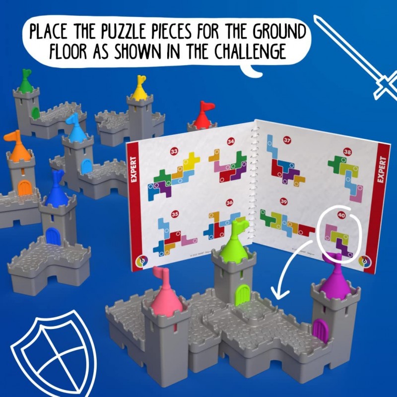 Peças de castelo de plástico com torres coloridas e livro de instruções abertos