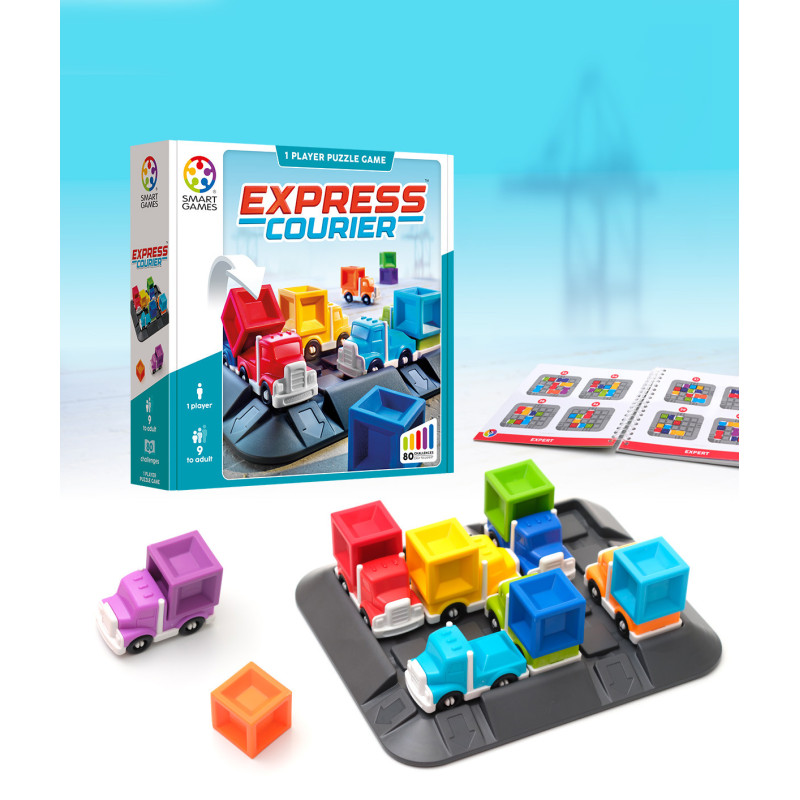 Jogo de puzzle Express Courier com camiões coloridos e caixa com instruções