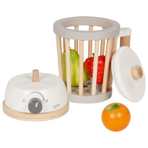 Conjunto de brinquedo de cozinha em madeira com panela branca, cesta e frutas coloridas.