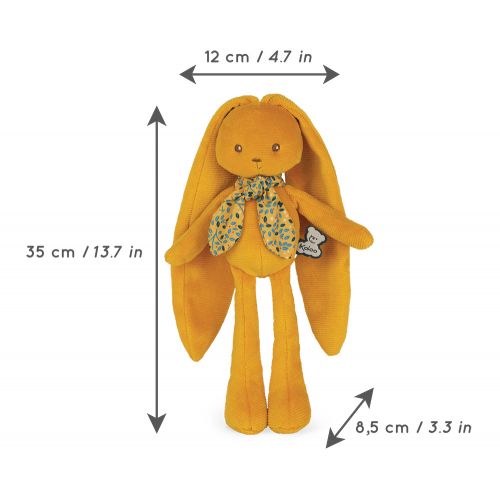 Peluches amarelo em forma de coelho com lenço e etiqueta Kaloo.