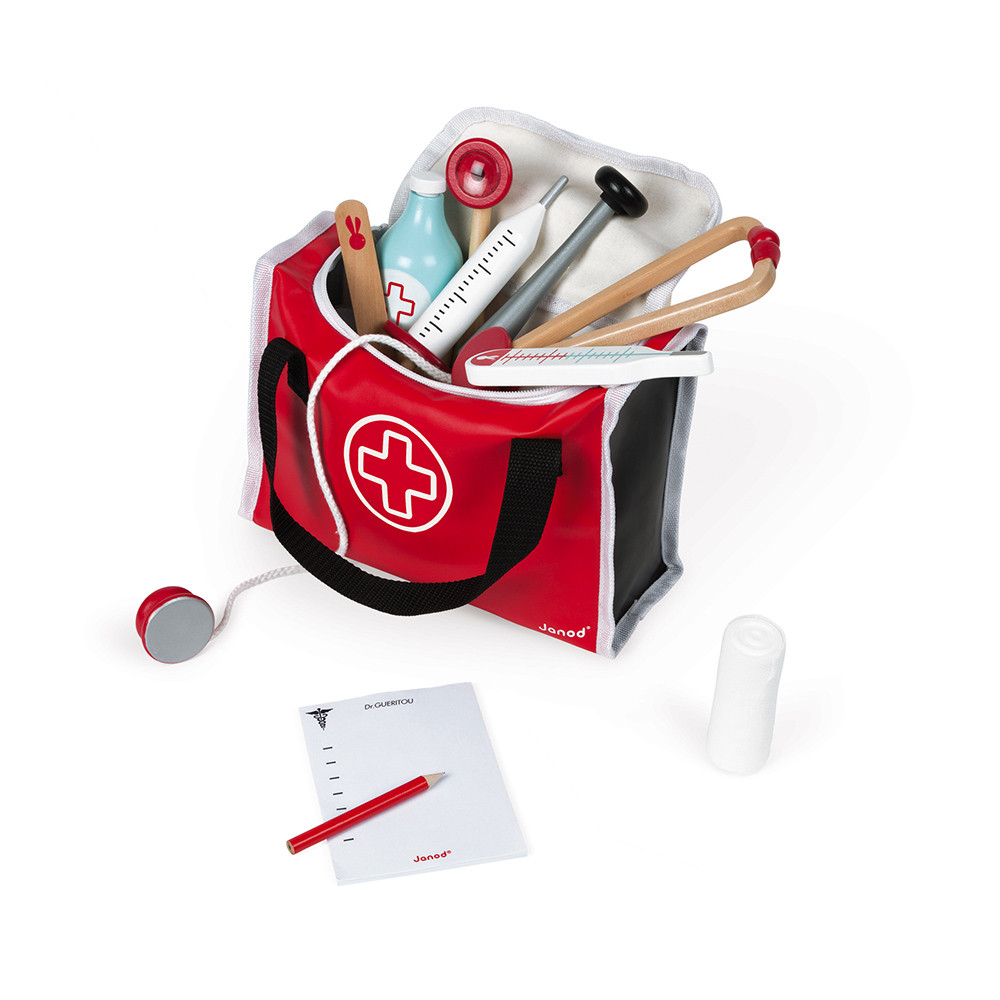 Bolsa de brinquedo médica com instrumentos e acessórios para brincar