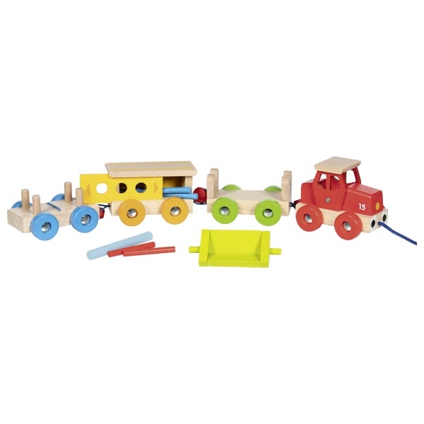 Comboio de brinquedo em madeira colorido com acessórios e corda azul para puxar