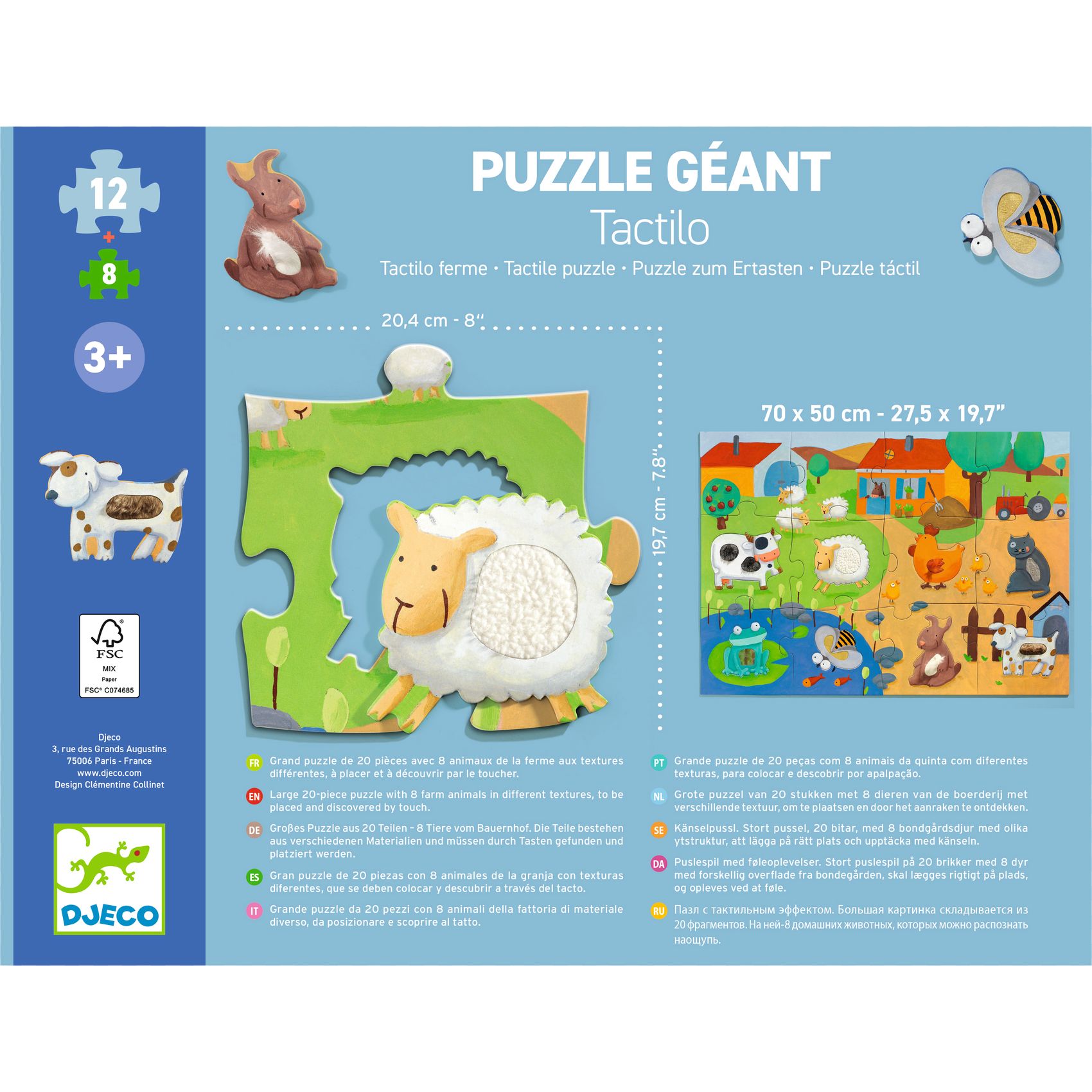 Puzzle gigante tátil com 20 peças e 8 animais da quinta