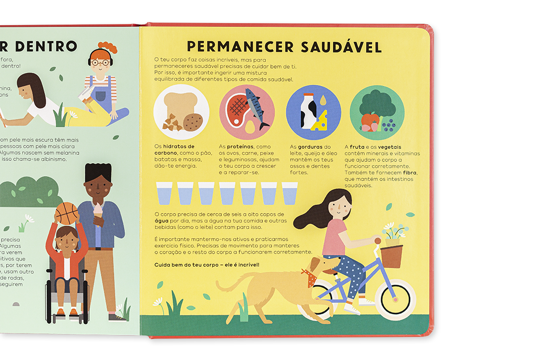 Livro infantil aberto com ilustrações e texto sobre saúde
