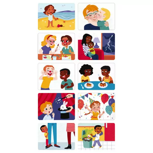 Dez ilustrações coloridas de crianças em situações diversas, incluindo praia, casa e festa.