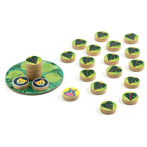 Peças de madeira para jogo de memória com imagens de animais e folhas