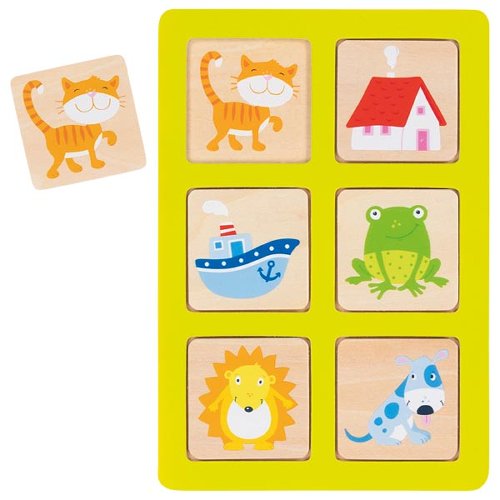 Jogo de madeira com peças ilustradas de animais, casa e barco.